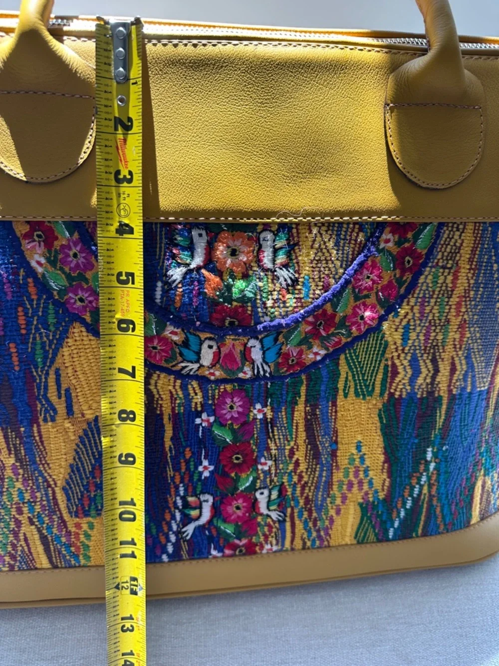 Guatemalan  leather and Embroidered Travel Tote Bag with Multicolor Panel - Picture 12 of 17